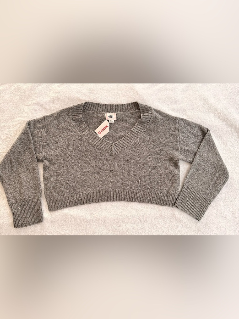 BDG Gray Ribbed V-Neck Cropped Sweater